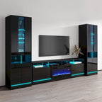 Mueble de TV de alto brillo blanco y negro con chimenea eléctrica – Juego de 2 librerías