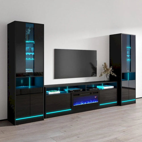 Mueble de TV de alto brillo blanco y negro con chimenea eléctrica – Juego de 2 librerías