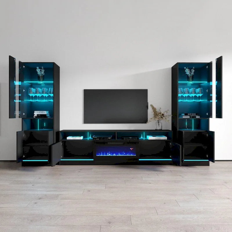 Mueble de TV de alto brillo blanco y negro con chimenea eléctrica – Juego de 2 librerías