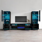 Mueble de TV de alto brillo blanco y negro con chimenea eléctrica – Juego de 2 librerías