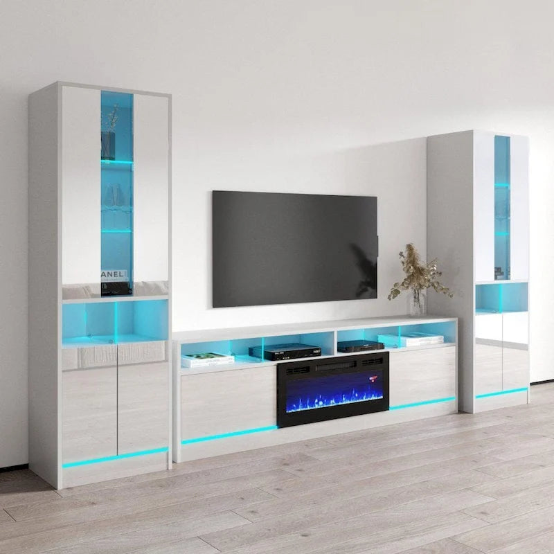Mueble de TV de alto brillo blanco y negro con chimenea eléctrica – Juego de 2 librerías