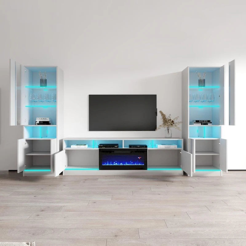 Mueble de TV de alto brillo blanco y negro con chimenea eléctrica – Juego de 2 librerías