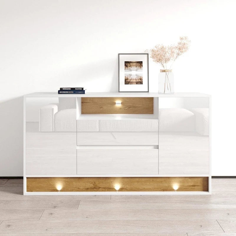 Aparador moderno de roble blanco/negro, 2 puertas, 63"