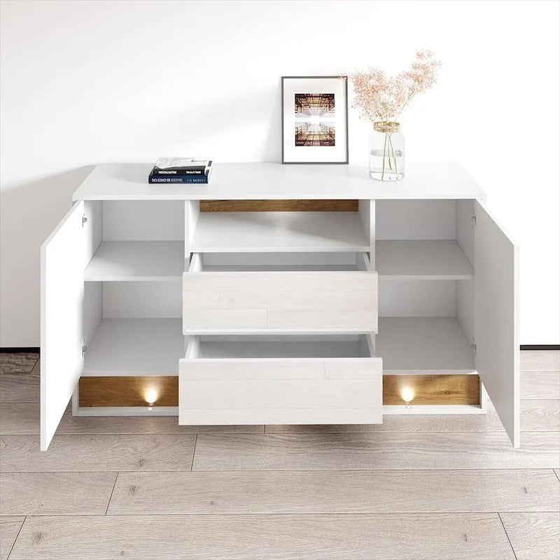 Aparador moderno de roble blanco/negro, 2 puertas, 63"