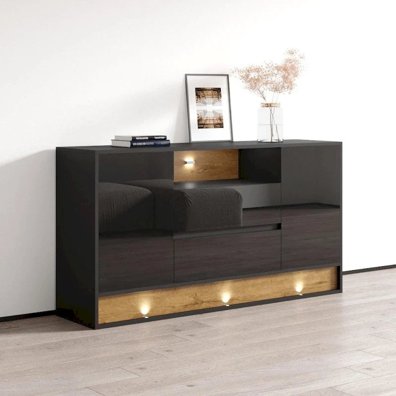 Aparador moderno de roble blanco/negro, 2 puertas, 63"