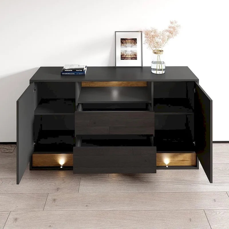 Aparador moderno de roble blanco/negro, 2 puertas, 63"