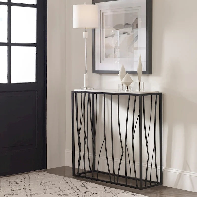 Mesa Consola de Travertino Marfil y Hierro Oscuro