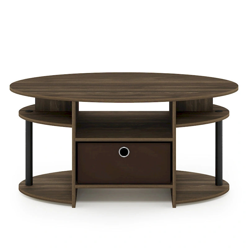 Mesa de centro ovalada con contenedor de almacenamiento – Nogal Columbia / Roble francés gris / Blanco