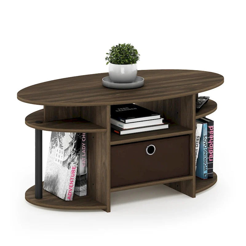 Mesa de centro ovalada con contenedor de almacenamiento – Nogal Columbia / Roble francés gris / Blanco