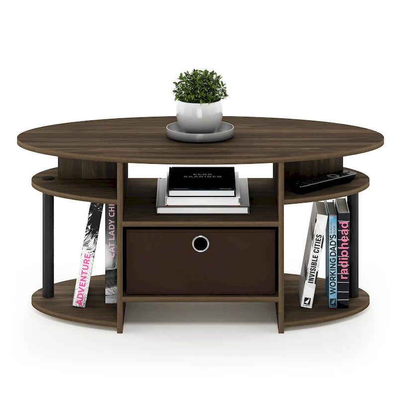 Mesa de centro ovalada con contenedor de almacenamiento – Nogal Columbia / Roble francés gris / Blanco