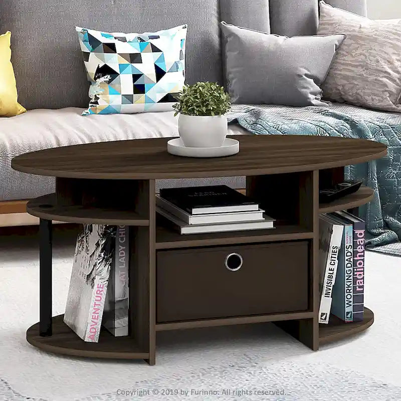 Mesa de centro ovalada con contenedor de almacenamiento – Nogal Columbia / Roble francés gris / Blanco