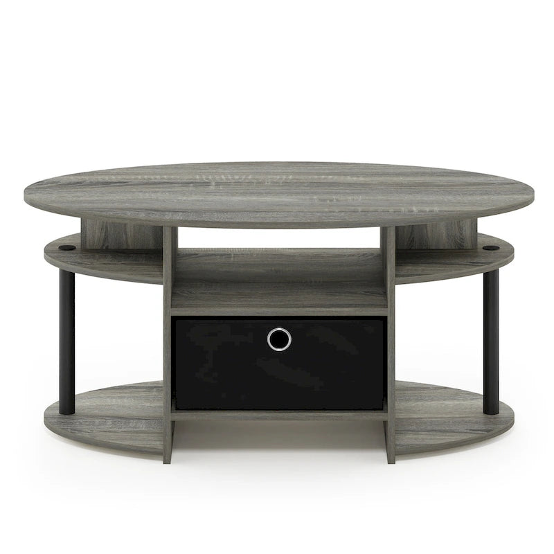 Mesa de centro ovalada con contenedor de almacenamiento – Nogal Columbia / Roble francés gris / Blanco