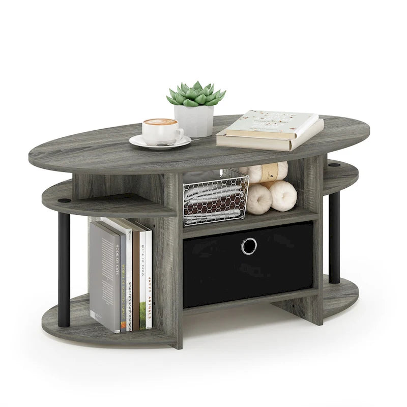 Mesa de centro ovalada con contenedor de almacenamiento – Nogal Columbia / Roble francés gris / Blanco