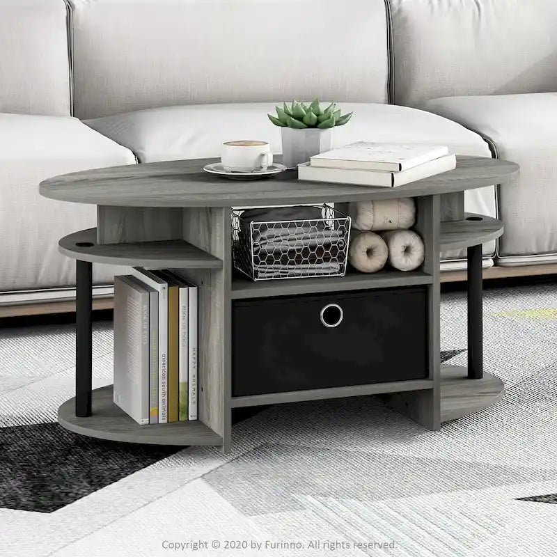 Mesa de centro ovalada con contenedor de almacenamiento – Nogal Columbia / Roble francés gris / Blanco