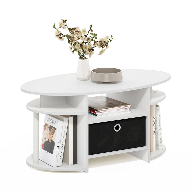 Mesa de centro ovalada con contenedor de almacenamiento – Nogal Columbia / Roble francés gris / Blanco