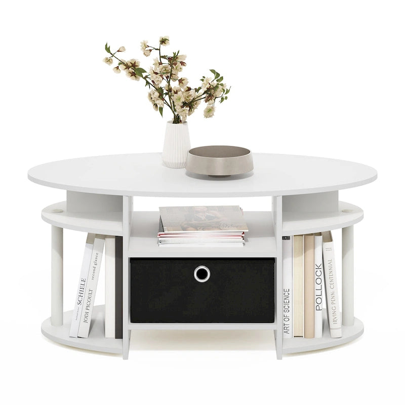Mesa de centro ovalada con contenedor de almacenamiento – Nogal Columbia / Roble francés gris / Blanco