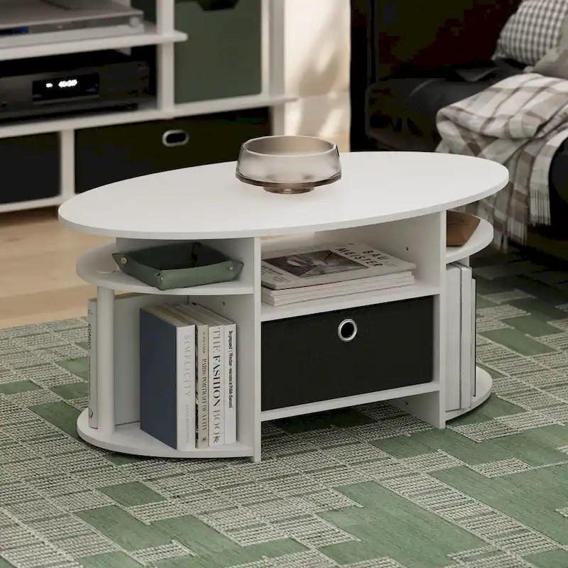 Mesa de centro ovalada con contenedor de almacenamiento – Nogal Columbia / Roble francés gris / Blanco