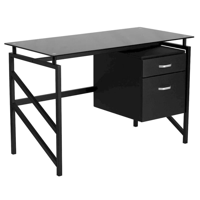 Escritorio de Cristal Negro Contemporáneo con Pedestal de 2 Cajones