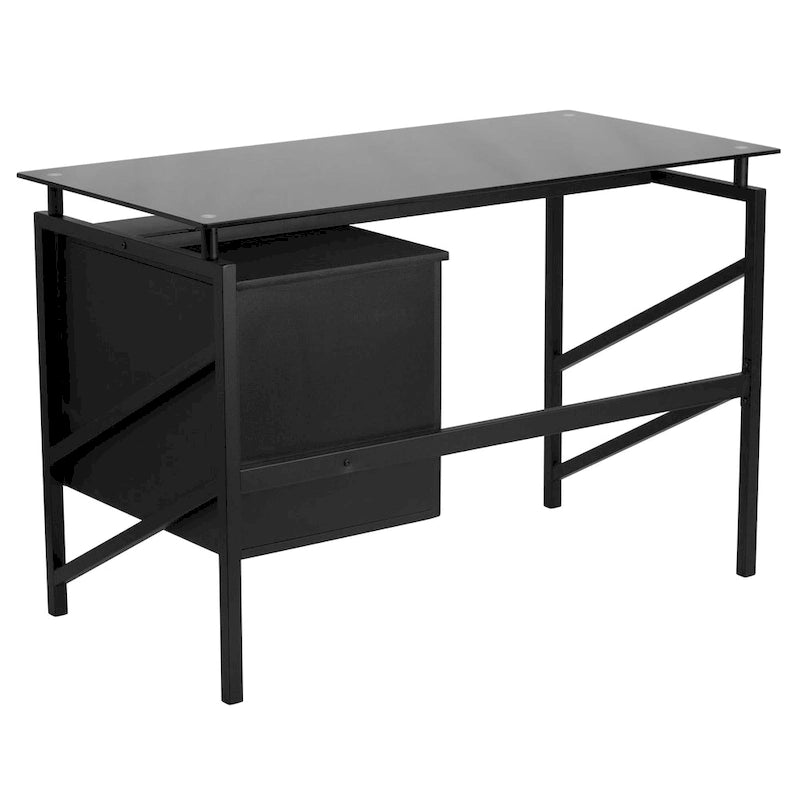 Escritorio de Cristal Negro Contemporáneo con Pedestal de 2 Cajones