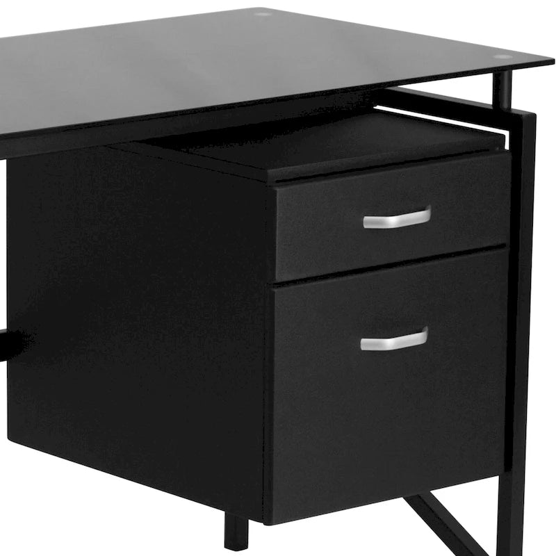 Escritorio de Cristal Negro Contemporáneo con Pedestal de 2 Cajones