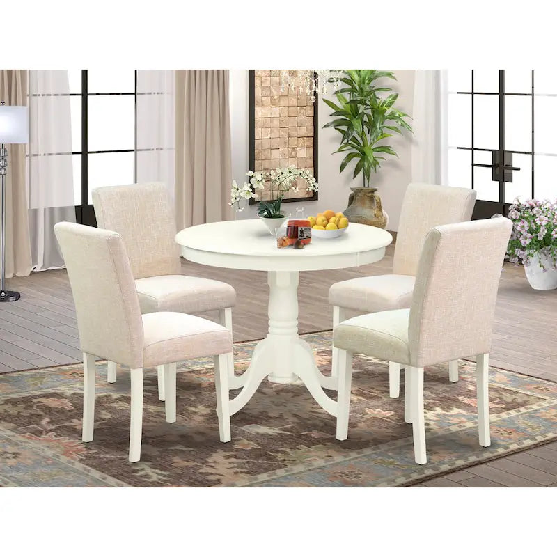 Juego de comedor redondo de lino blanco, tela de lino beige claro, 2-4 asientos