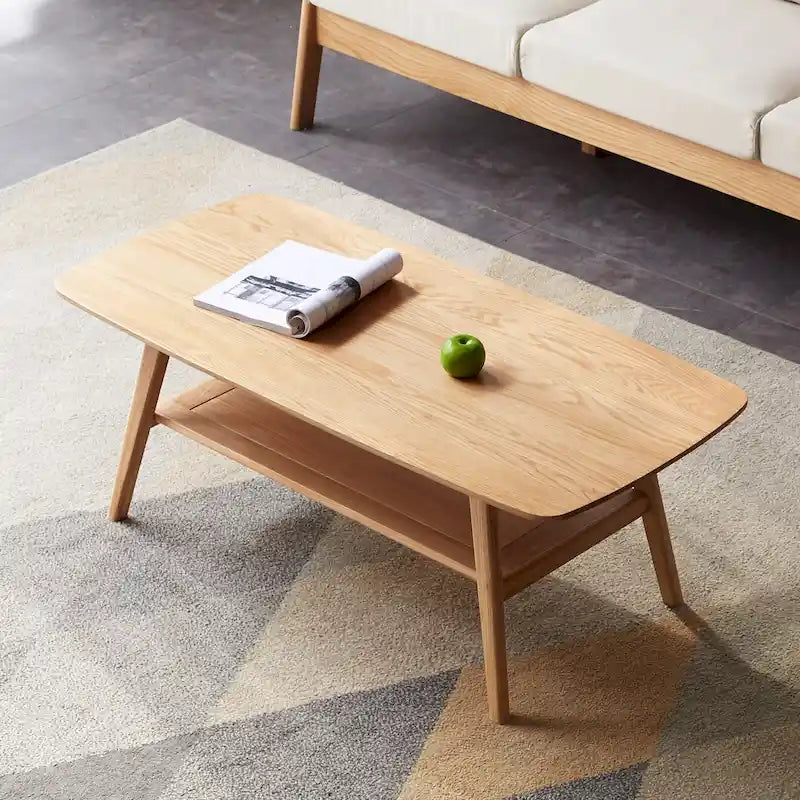 Mesa de centro minimalista de roble con estante de almacenamiento, 2 plazas