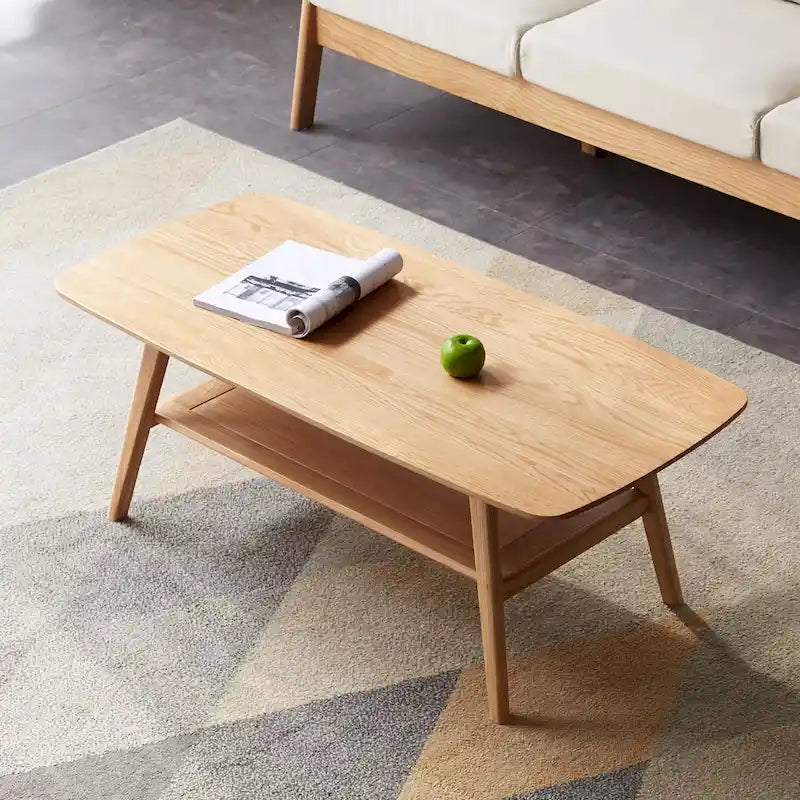Mesa de centro minimalista de roble con estante de almacenamiento, 2 plazas