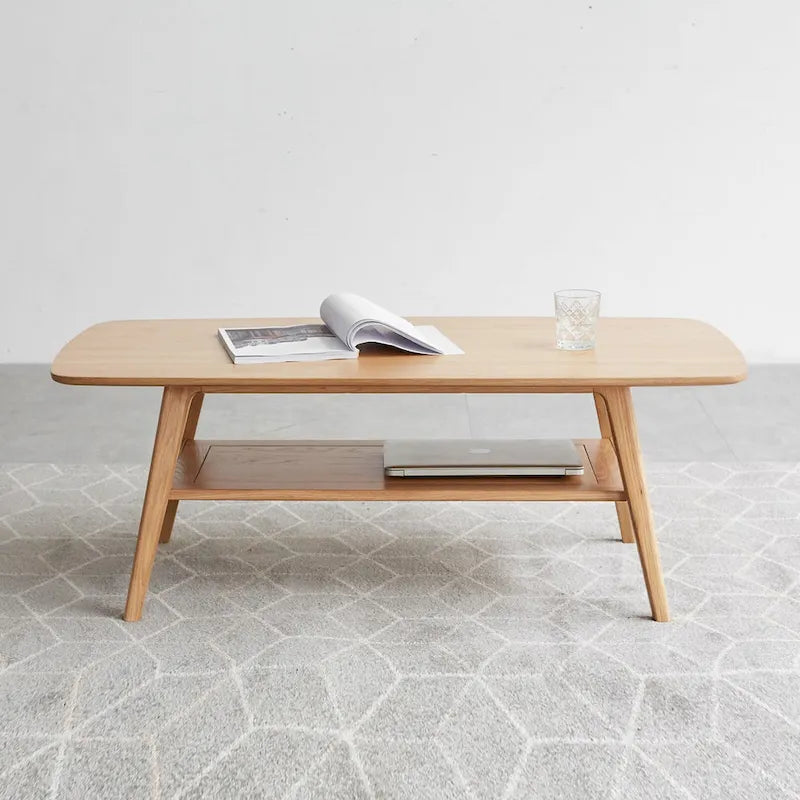 Mesa de centro minimalista de roble con estante de almacenamiento, 2 plazas
