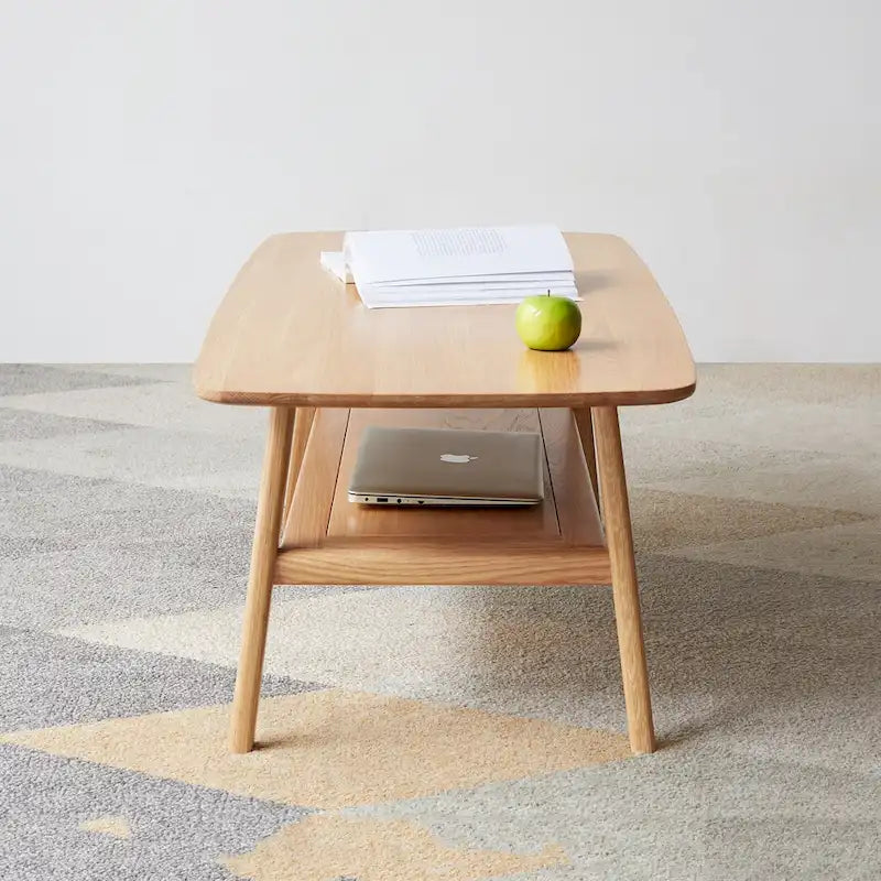 Mesa de centro minimalista de roble con estante de almacenamiento, 2 plazas