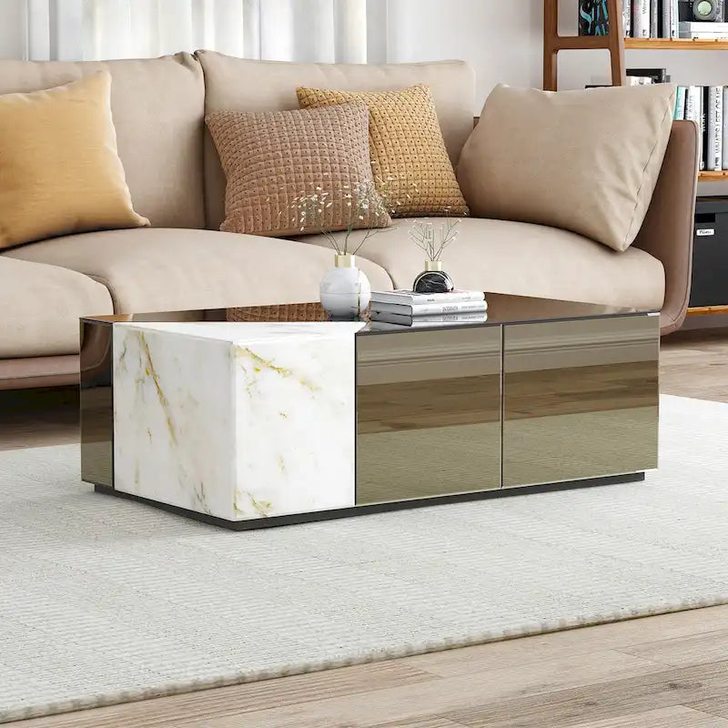 Mesa de centro con bloque espejado y diseño único de retazos de mármol