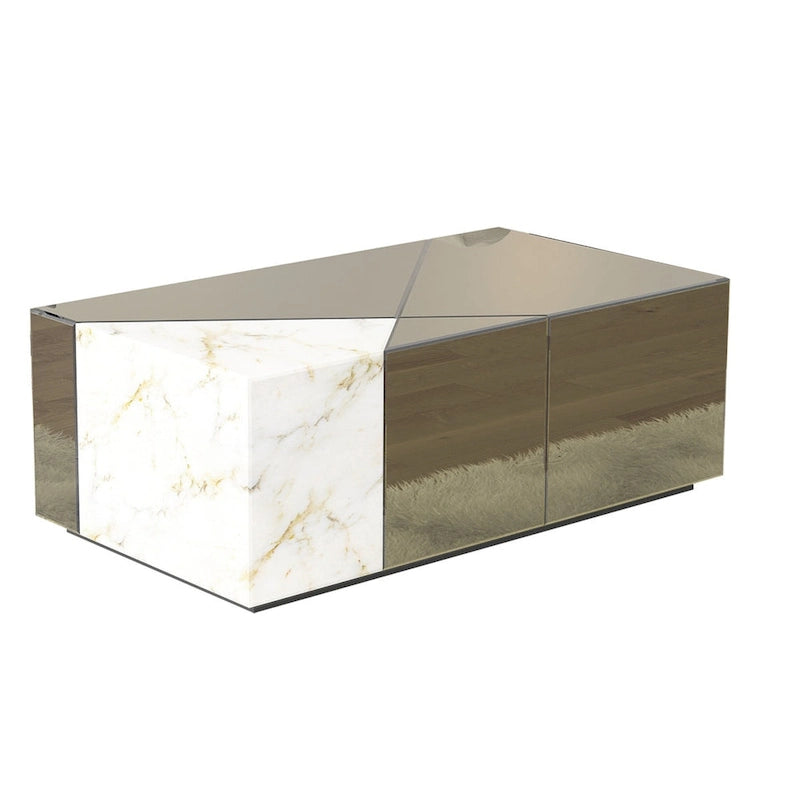 Mesa de centro con bloque espejado y diseño único de retazos de mármol