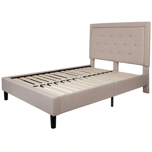 Marco de cama tapizado con copetudo integral de lino beige
