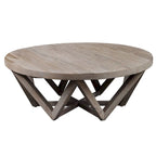 Mesa de centro redonda de olmo natural, base geométrica, con capacidad para 4–6 personas