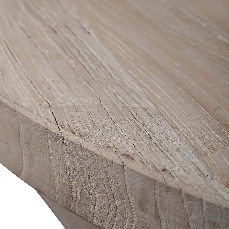 Mesa de centro redonda de olmo natural, base geométrica, con capacidad para 4–6 personas