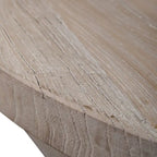 Mesa de centro redonda de olmo natural, base geométrica, con capacidad para 4–6 personas