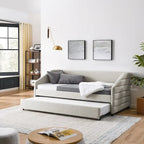 Sofá cama tapizado capitoné beige/gris con 2 cajones, individual/matrimonial, capacidad para 1 persona