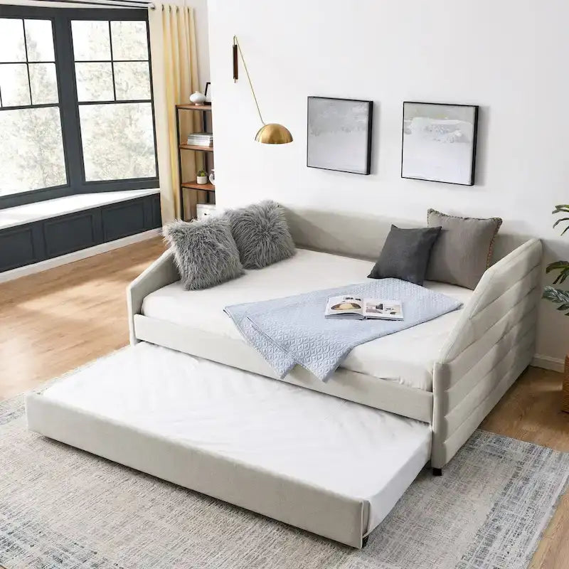 Sofá cama tapizado capitoné beige/gris con 2 cajones, individual/matrimonial, capacidad para 1 persona