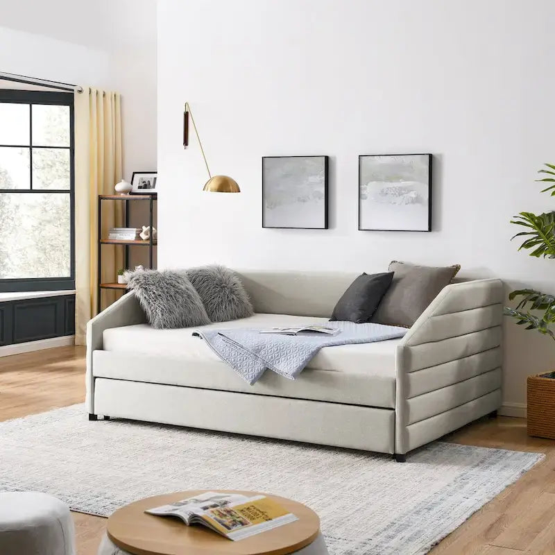 Sofá cama tapizado capitoné beige/gris con 2 cajones, individual/matrimonial, capacidad para 1 persona