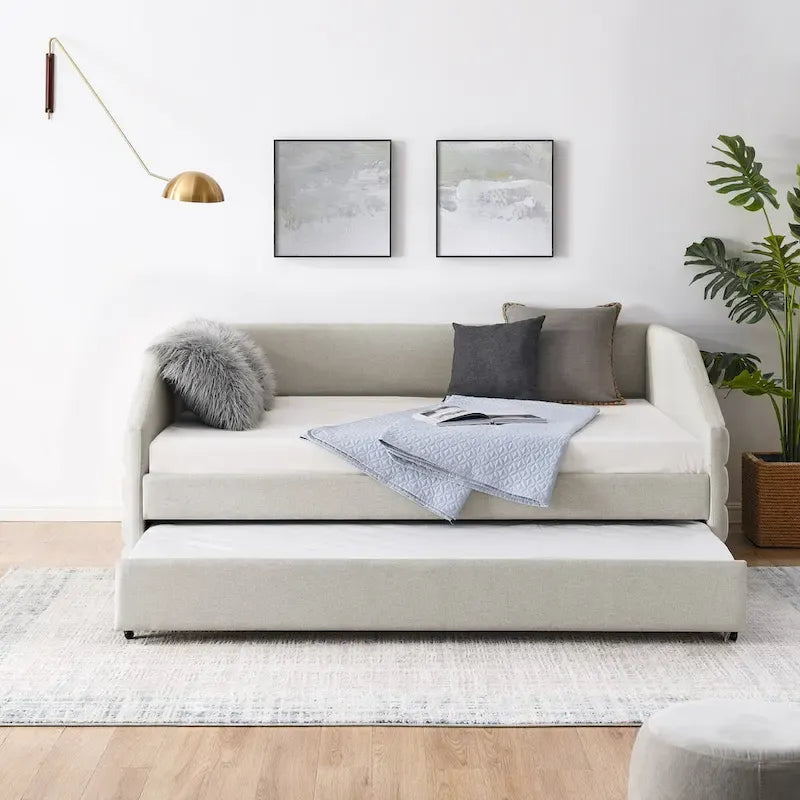 Sofá cama tapizado capitoné beige/gris con 2 cajones, individual/matrimonial, capacidad para 1 persona