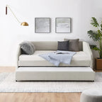 Sofá cama tapizado capitoné beige/gris con 2 cajones, individual/matrimonial, capacidad para 1 persona