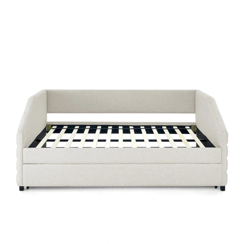Sofá cama tapizado capitoné beige/gris con 2 cajones, individual/matrimonial, capacidad para 1 persona