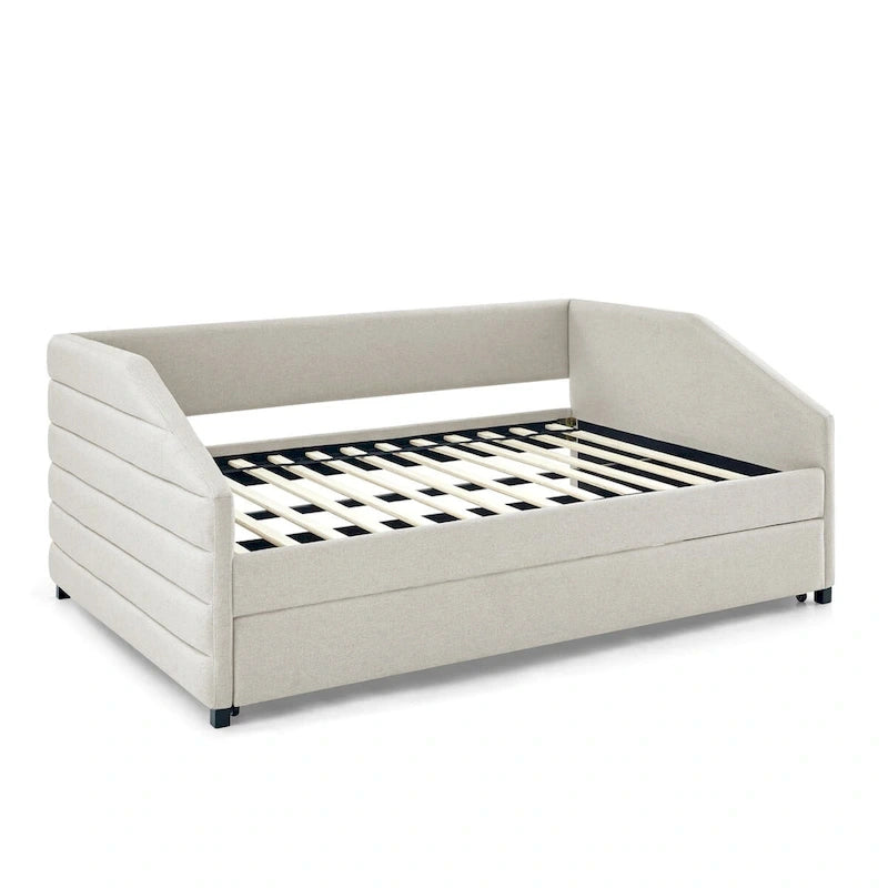 Sofá cama tapizado capitoné beige/gris con 2 cajones, individual/matrimonial, capacidad para 1 persona