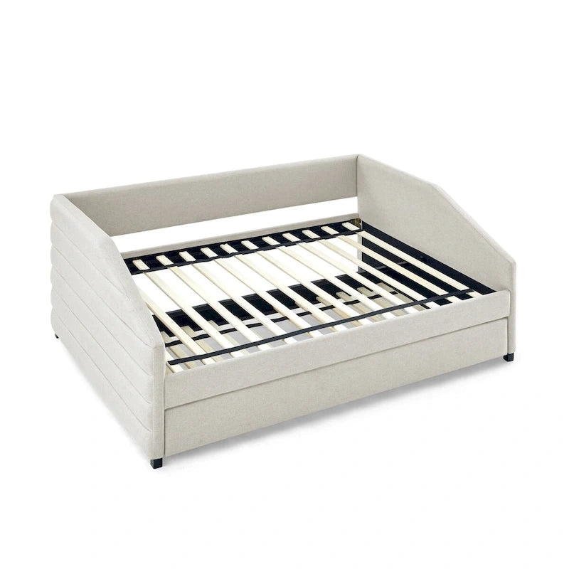 Sofá cama tapizado capitoné beige/gris con 2 cajones, individual/matrimonial, capacidad para 1 persona