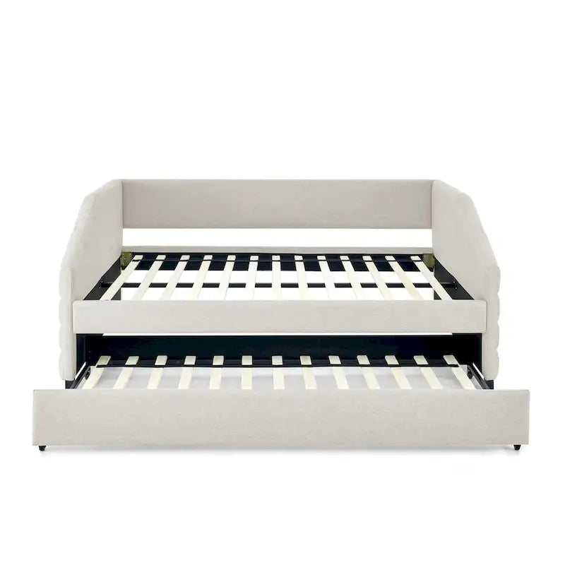 Sofá cama tapizado capitoné beige/gris con 2 cajones, individual/matrimonial, capacidad para 1 persona