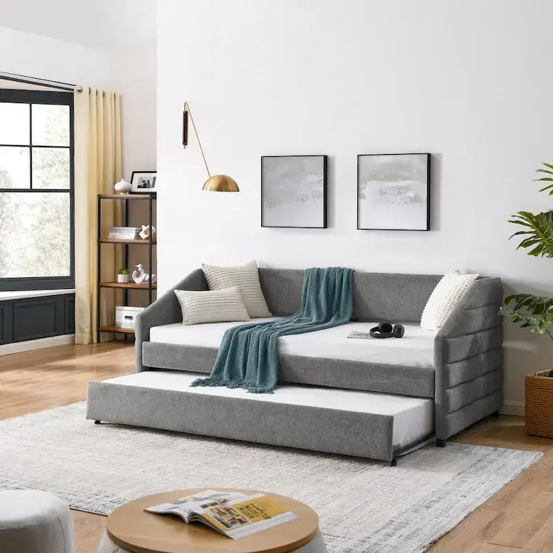 Sofá cama tapizado capitoné beige/gris con 2 cajones, individual/matrimonial, capacidad para 1 persona