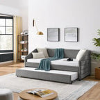 Sofá cama tapizado capitoné beige/gris con 2 cajones, individual/matrimonial, capacidad para 1 persona
