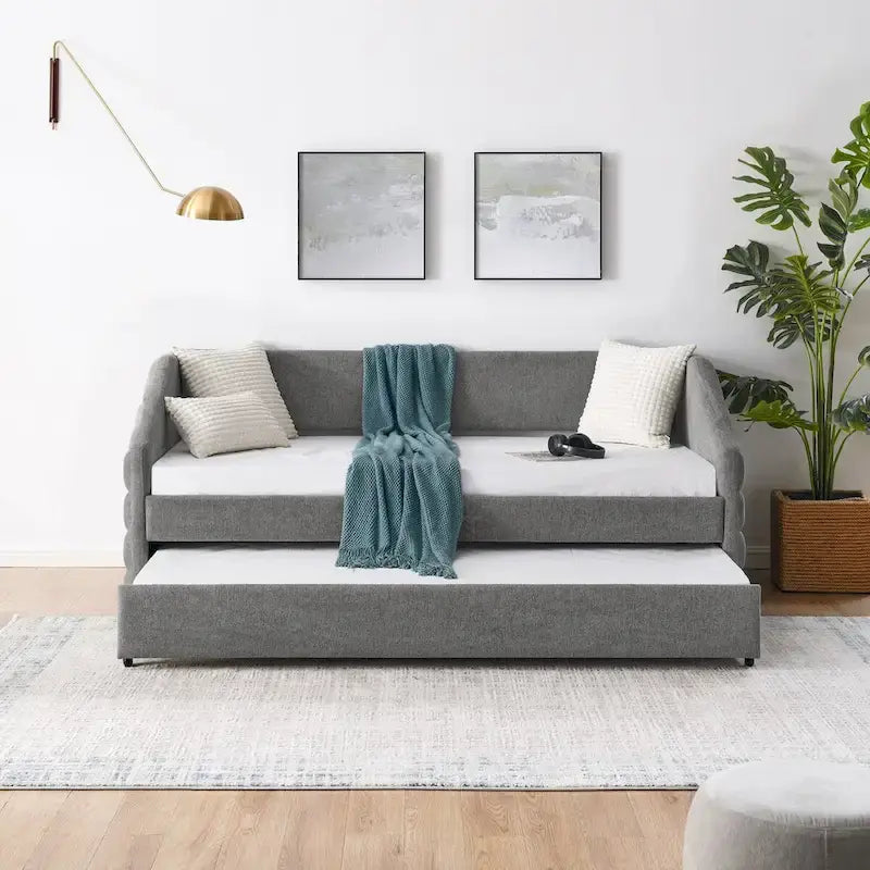 Sofá cama tapizado capitoné beige/gris con 2 cajones, individual/matrimonial, capacidad para 1 persona