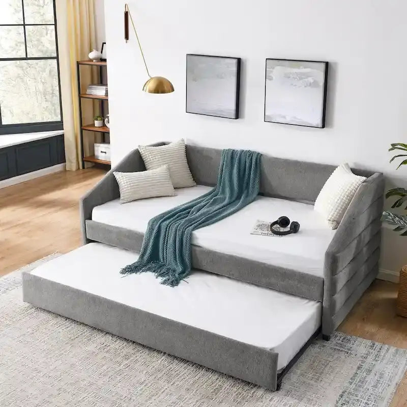 Sofá cama tapizado capitoné beige/gris con 2 cajones, individual/matrimonial, capacidad para 1 persona