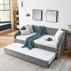 Sofá cama tapizado capitoné beige/gris con 2 cajones, individual/matrimonial, capacidad para 1 persona