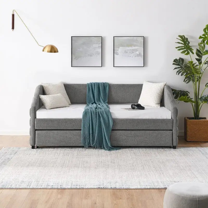 Sofá cama tapizado capitoné beige/gris con 2 cajones, individual/matrimonial, capacidad para 1 persona